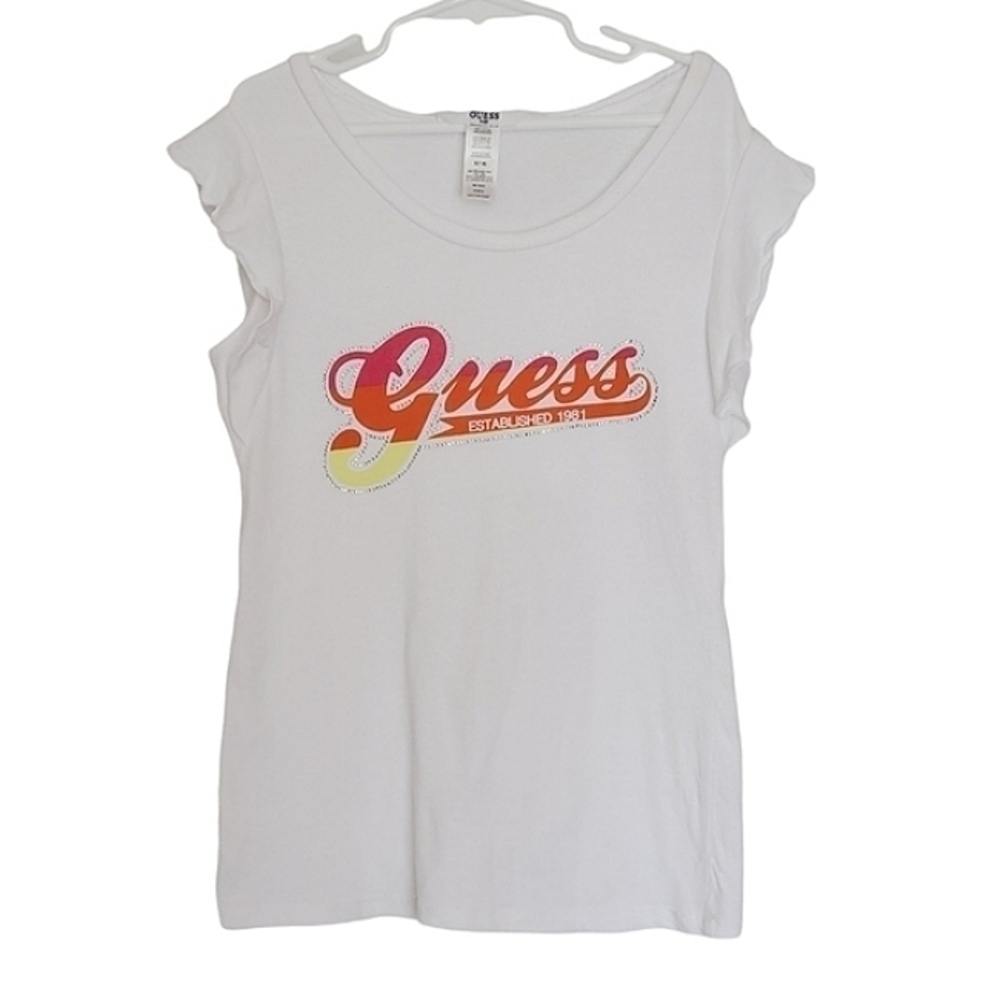 K1040 * Guess Rhinestone Ombre Logo Ruffle Sleeves Tee White Size S (7-8)